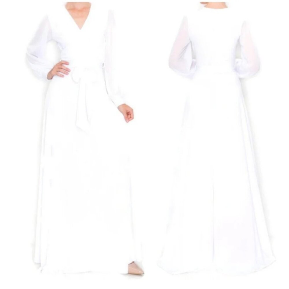 Janette Fashion White Sheer Bell Long Sleeve Evening Formal Faux Wrap Maxi Dress